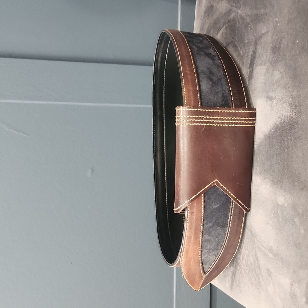 Christian Doir Blue Suede Wide Belt Trimmed in Brown Leather  Sz M/L - Picture 3 of 16